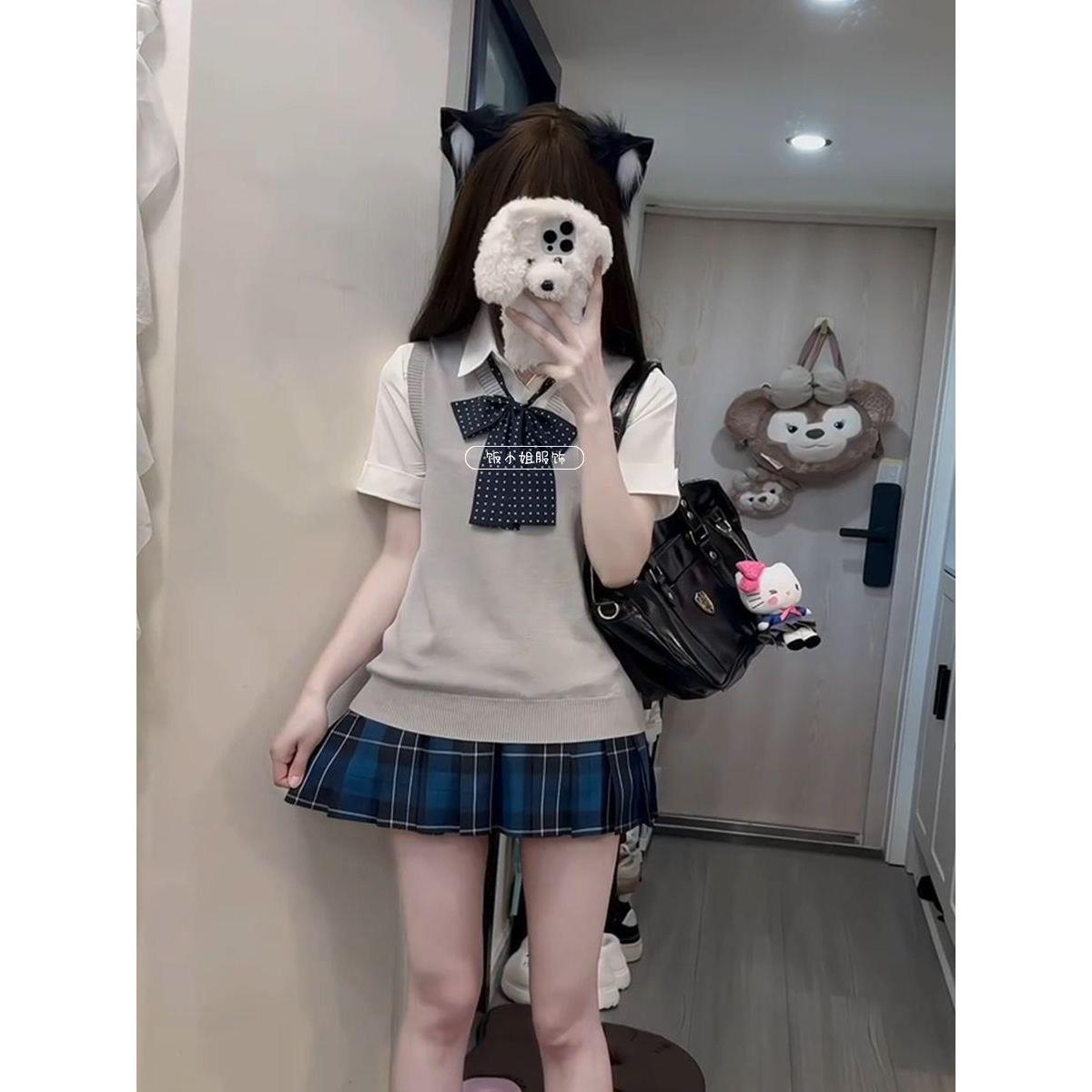 jk制服套装背心马甲衬衫学院风jk格裙百褶裙叠穿春