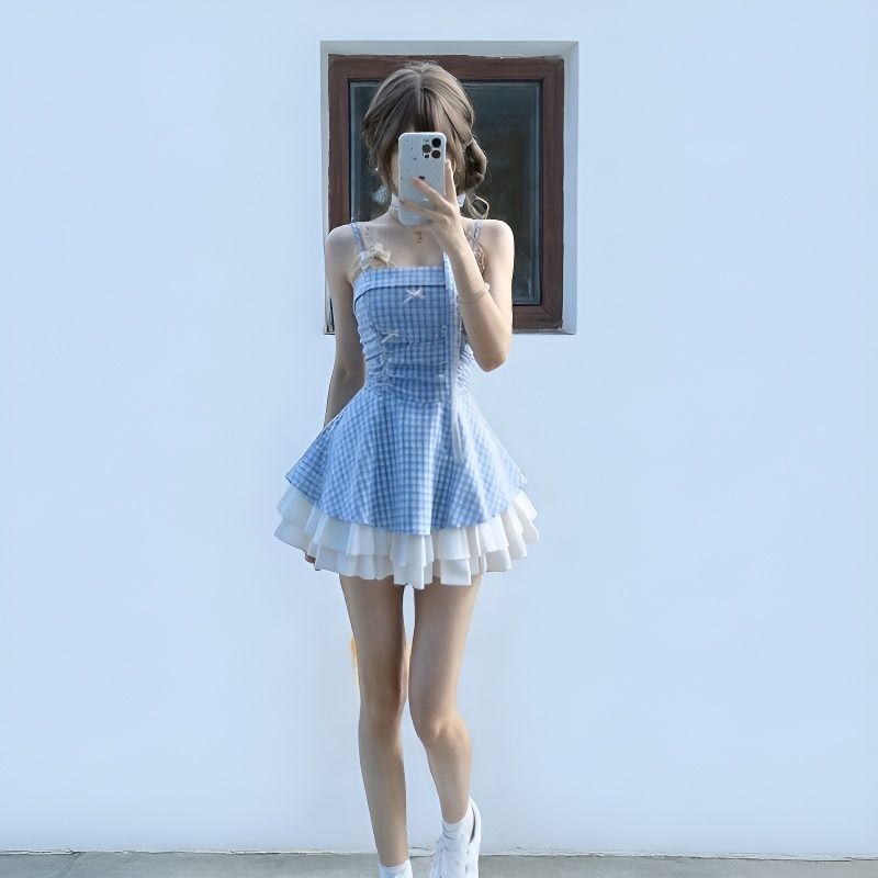 蓝色甜美风性感蝴蝶结小裙子吊带连衣裙女夏季裙子格纹蓬蓬裙短裙