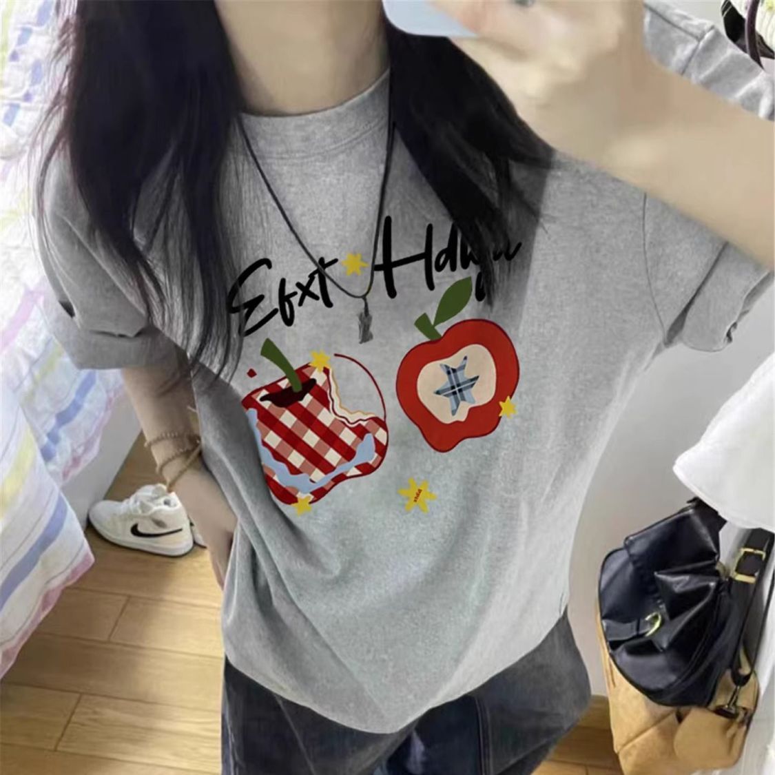 美式灰色圆领短袖t恤女大童2026新款夏初中高中学生宽松半袖上衣