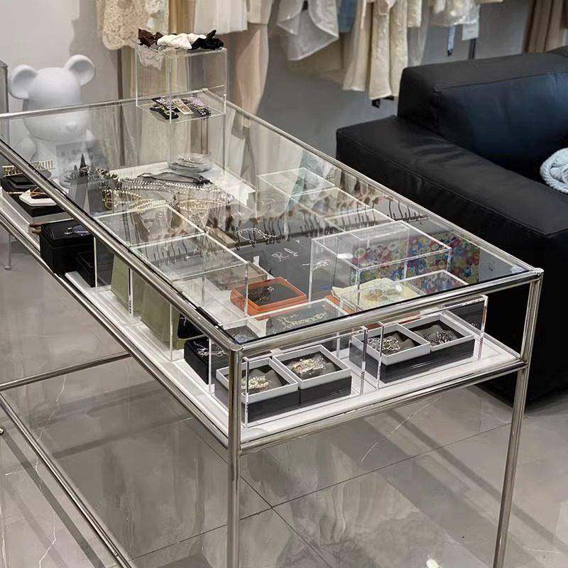 服装店饰品店中间摆放玻璃不锈钢展示台中岛陈列架电脑办公桌道具