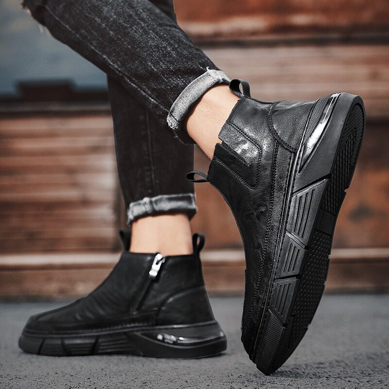 英伦风无鞋带男鞋秋季百搭覆古高帮休闲皮靴男士中帮工装马丁潮靴