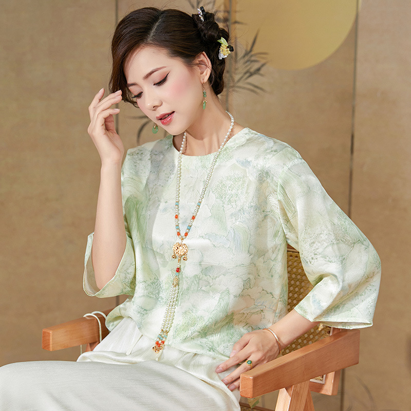 日本品质22姆米重磅真丝衬衫女夏桑蚕丝四经绞罗提花宽松显瘦圆领