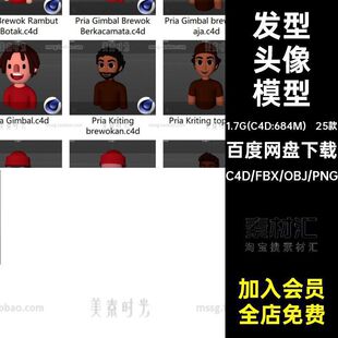 卡通男生女生3d胡子大叔帽子发型头发人物头像模型c4d素材obj素材