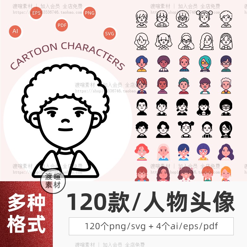 手绘卡通可爱儿童人物头像轮廓线条简约png图标元素ai矢量svg素材