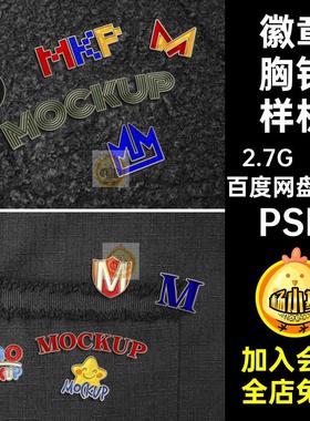 徽章胸针样机设计自定义异型创ps形状贴图提案文7款金属胸牌PSD