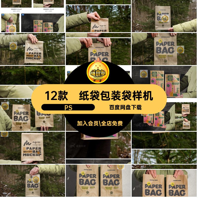 12款包装袋文创图案样机设计手持纸袋提案模板品牌效果图汉堡户外