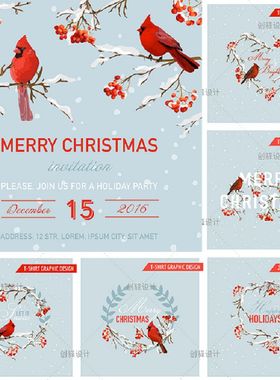 #12个红色小鸟下雪圣诞节eps果子水彩SD12PSD EPS PNG树枝冬天