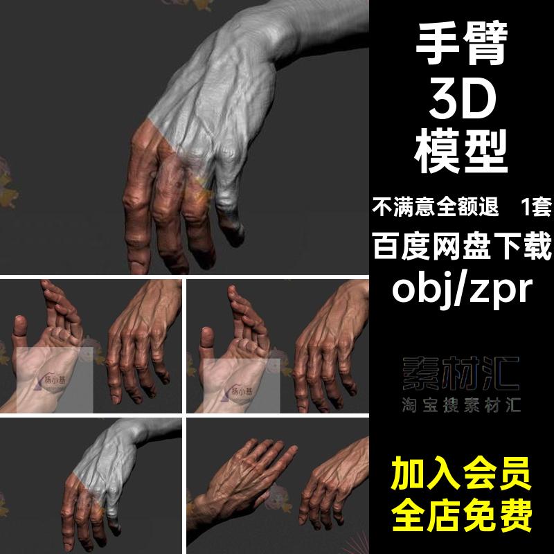 男人胳膊手掌3D模型3d无建模C4D1套objzpr写实膜设计素材白贴图