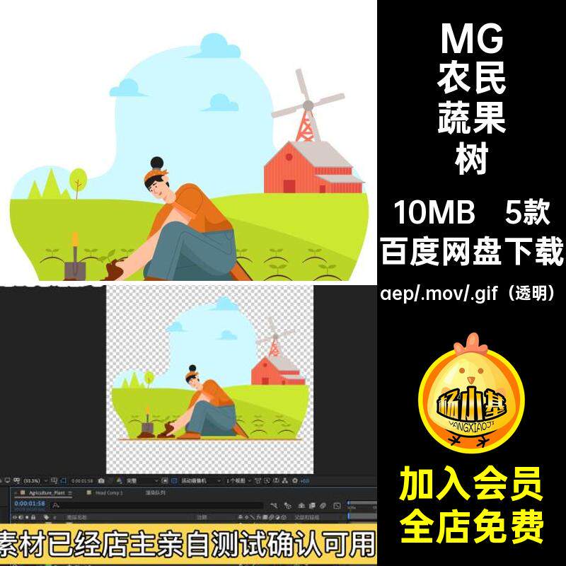 MG动画卡通人物场景果农民农场蔬果树AE源文件透明GIFMOVPR素材