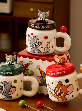 正版猫和老鼠联名陶瓷马克杯带盖勺女生日礼物大容量家用情侣水杯