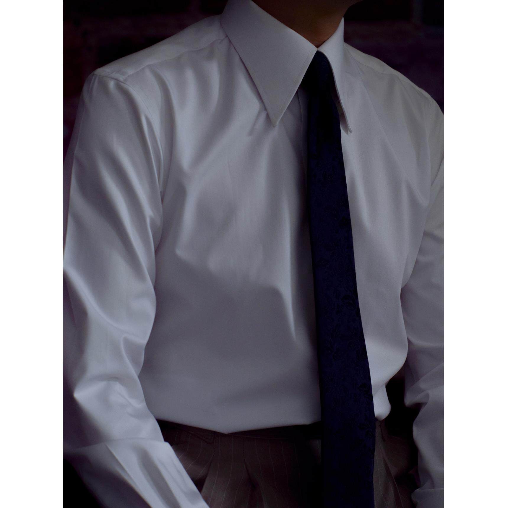 高端日常修身免烫抗皱长尖领竹纤维英伦雅痞男士白色休闲长袖衬衫