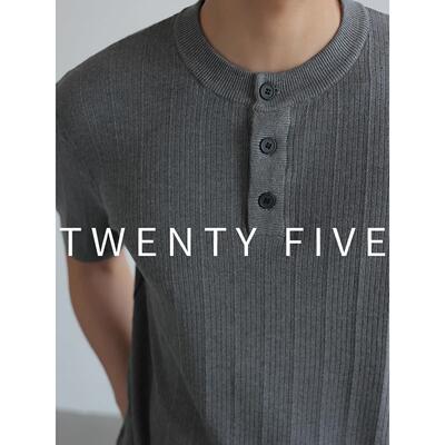 TWENTY FIVE 亨利领纯色三粒扣针织T恤男夏商务休闲简约短袖上衣