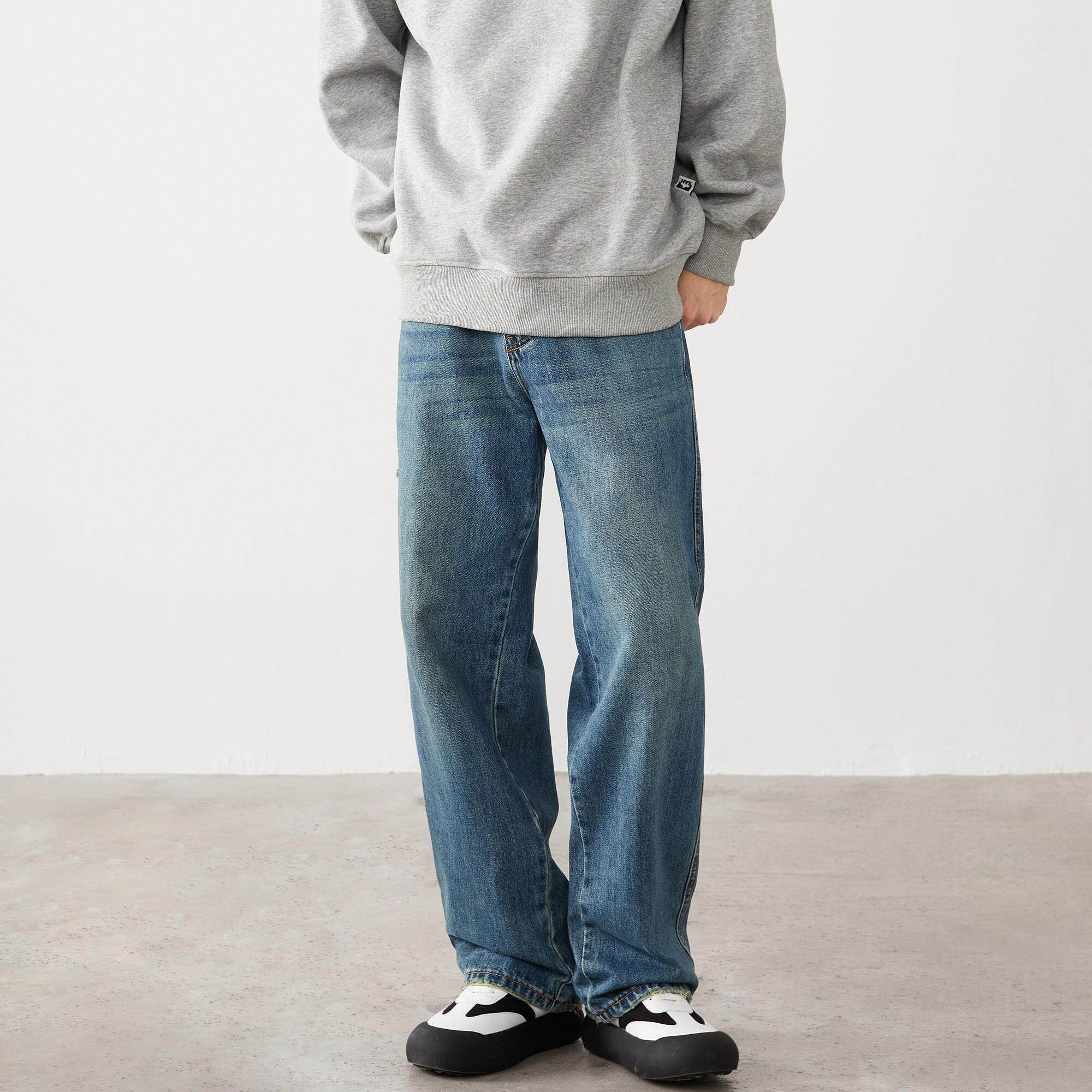 直筒牛仔裤男秋冬新款宽松简约复古水洗做旧拖地阔腿裤子男款秋季