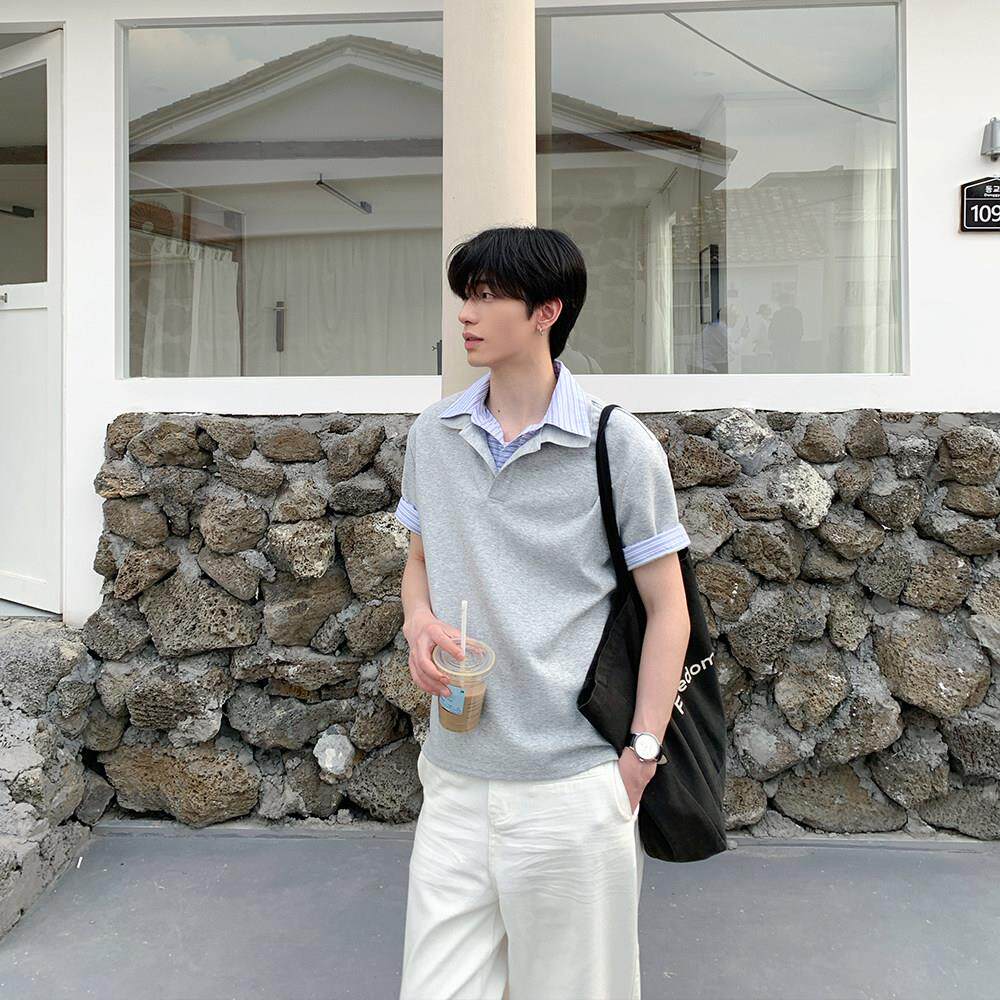 ONELYC1NS 假两件拼接潮流翻领短袖男夏季套头宽松纯色半袖上衣