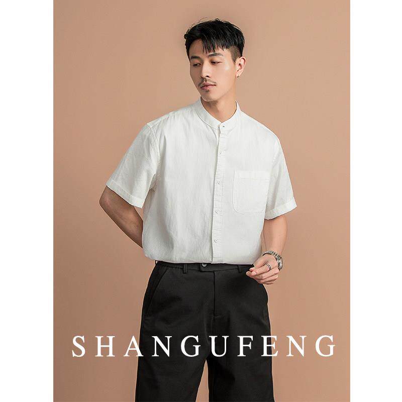 SHANGUFENG夏季时尚暗条纹纯棉立领短袖衬衫男休闲肌理感中式衬衣