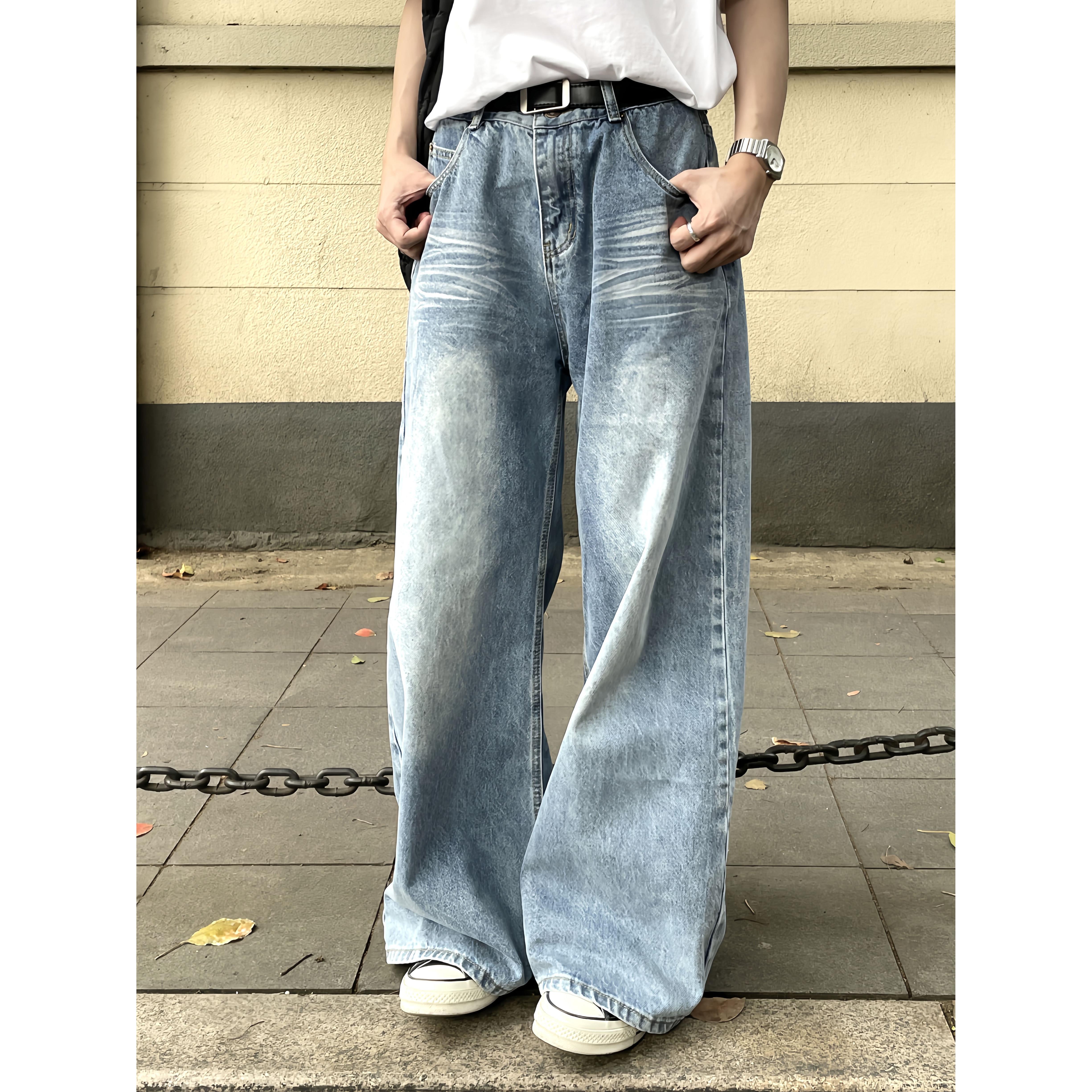 十空水洗蓝色阔腿牛仔裤,宽松的日本风格休闲百搭男女直腿设计裤