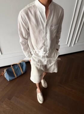 TZG 法式复古米白色亚麻立领天丝凉感衬衫男女cleanfit休闲上衣夏