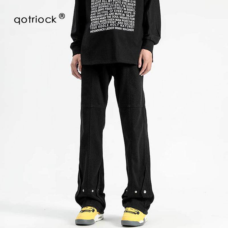 美式机能牛仔裤夏季男女高街微喇裤潮牌宽松黑色直筒排扣休闲裤子