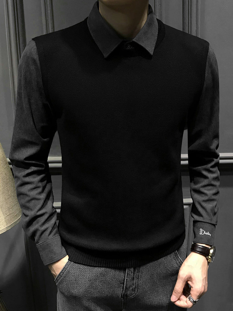 冬季假两件毛衣男士2025新款加绒针织衫商务秋冬内搭打底男装上衣