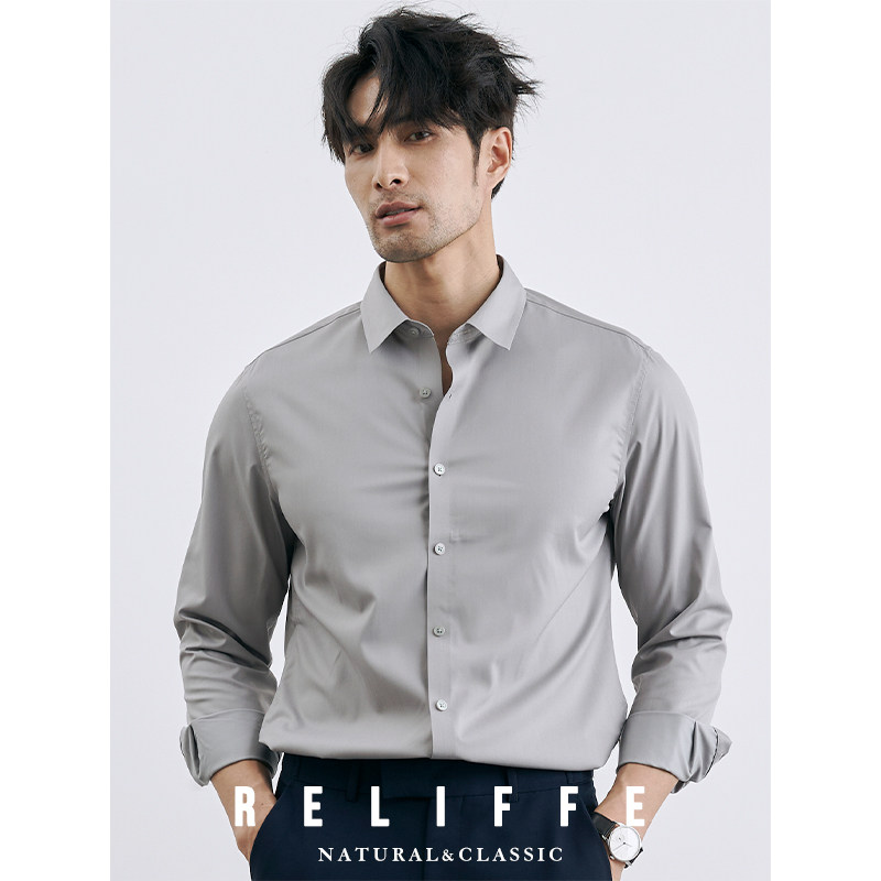 韩版商务通勤免烫正装职业灰色西装衬衫男士休闲抗皱长袖白色衬衣