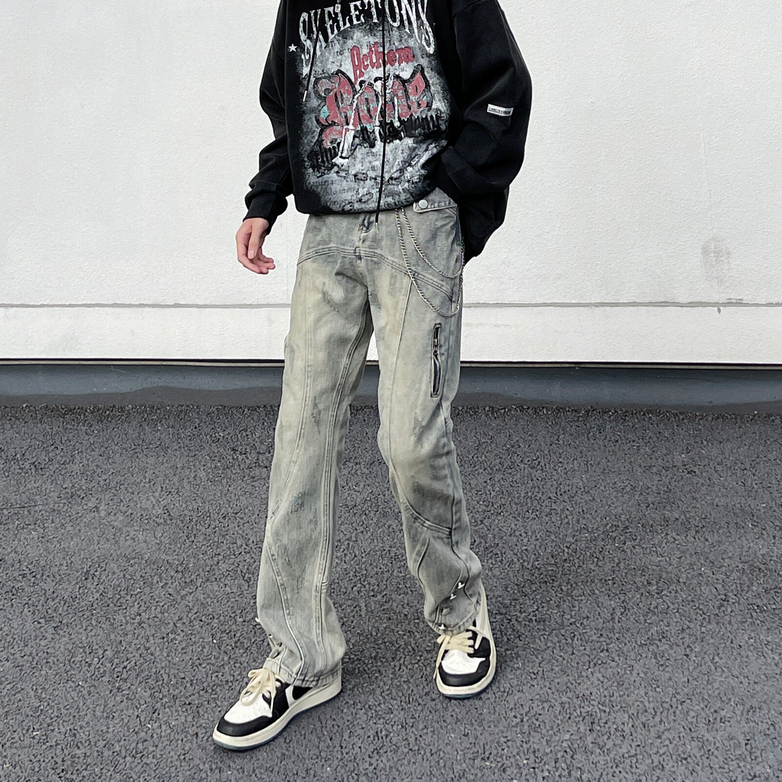 非潮勿近美式复古水洗做旧牛仔裤男宽松直筒vibe微喇痞帅高街裤子