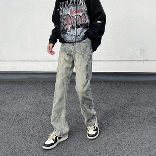 非潮勿近美式复古水洗做旧牛仔裤男宽松直筒vibe微喇痞帅高街裤子