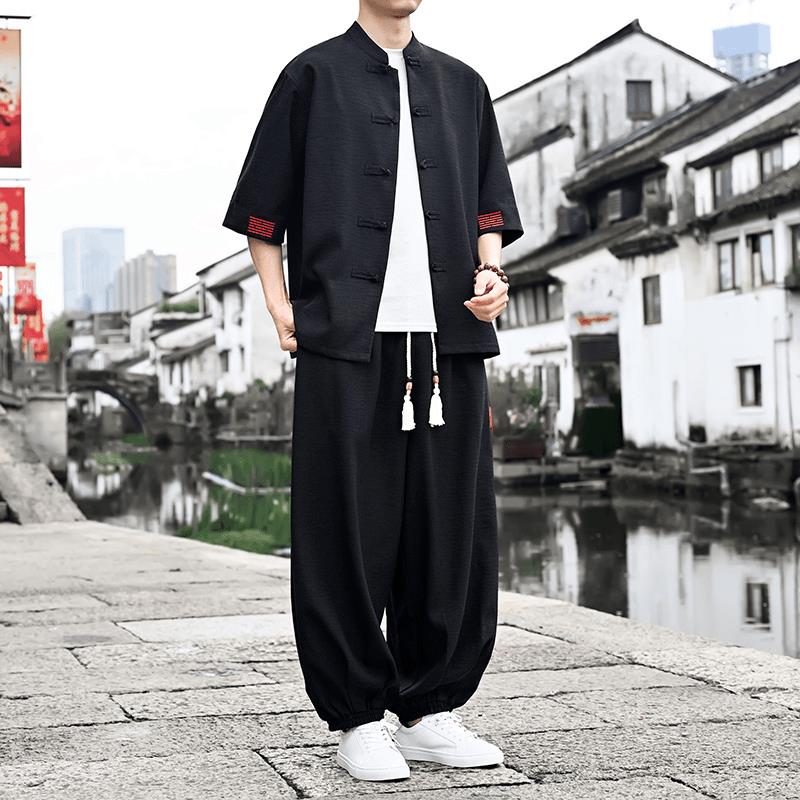 亚麻短袖衬衫男士运动套装2026新款棉麻衬衣外套男款新中式唐装夏