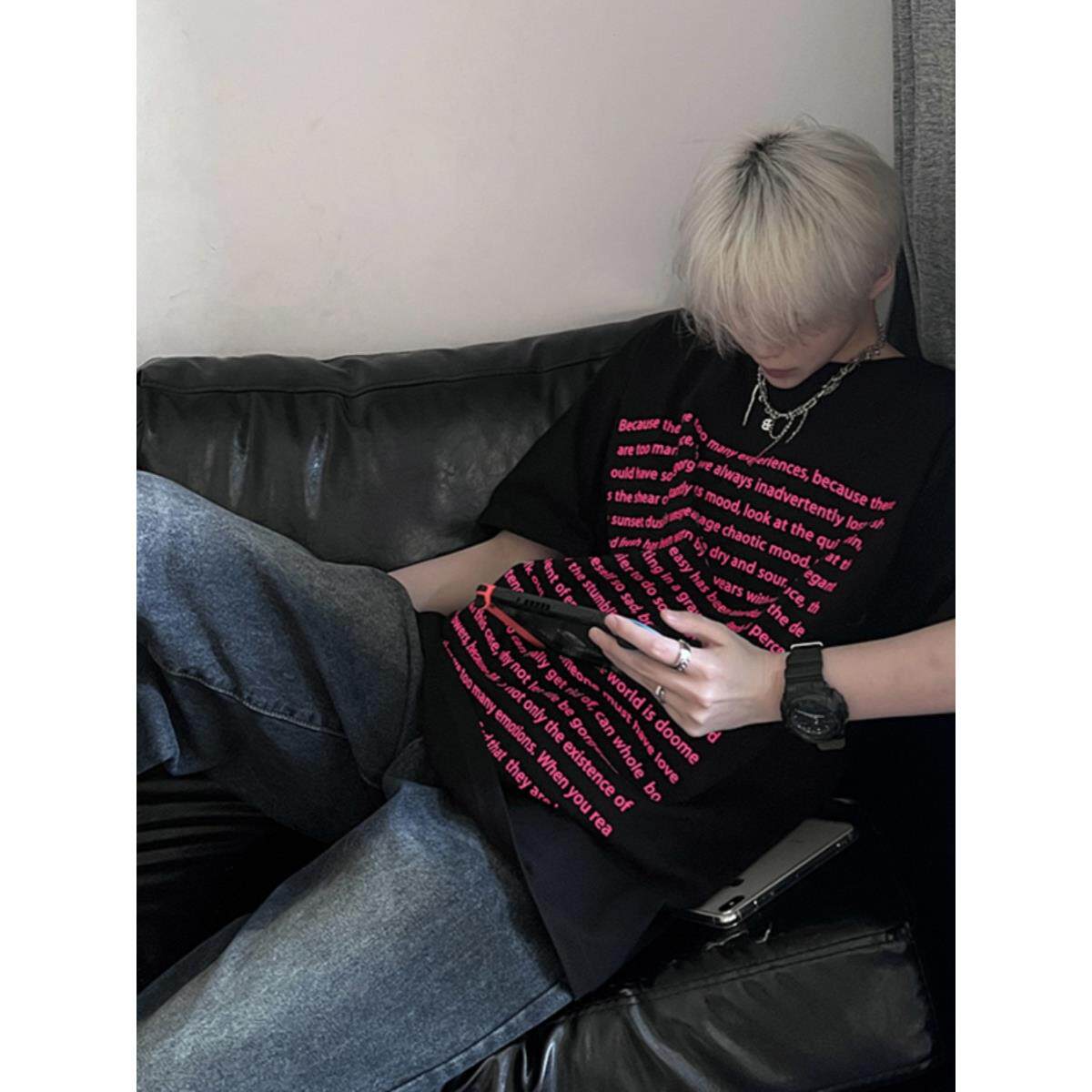 英文字母酒红色t恤纯棉短袖2026圆领青少年男美式正肩中半袖上衣