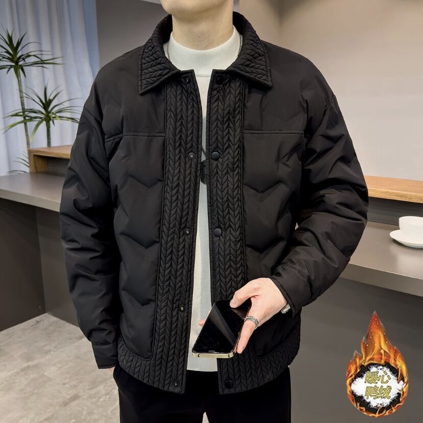 冬季新款麦穗拼接鸭绒时尚翻领轻薄羽绒服简约百搭防风保暖外套男