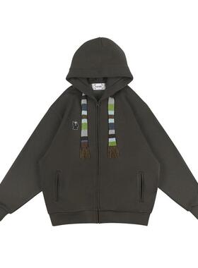 SAMESAME23AW重磅流苏抽绳连帽卫衣保暖加厚休闲刺绣标拉链外套