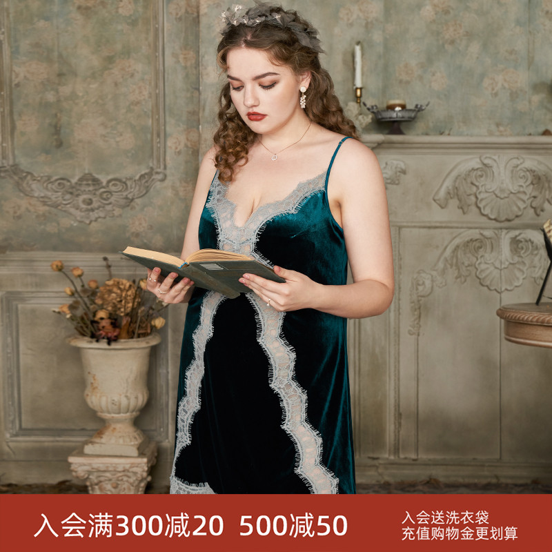 EMMAROSE胖mm宽松睡衣大码吊带睡裙性感蕾丝加绒胖妹妹休闲家居服