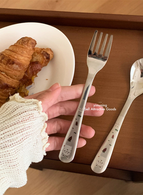 一木宁 儿童便携餐具304不锈钢小学生外出可爱兔子小熊辅食叉勺子