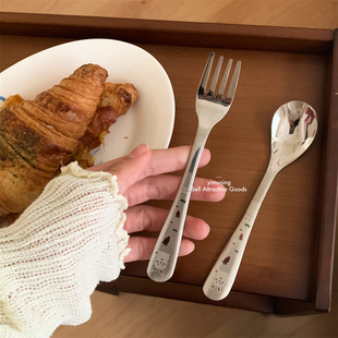 一木宁 儿童便携餐具304不锈钢小学生外出可爱兔子小熊辅食叉勺子