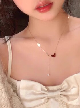 钛钢不掉色长款流苏爱心项链感轻奢小众红色桃心锁骨链情人节