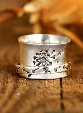 华杰热卖复古老式朋克指环 雕刻蒲公英戒指 简单时尚植物霸气戒指