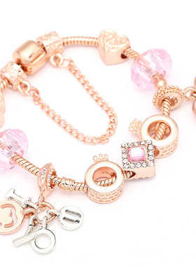 韩国韩式玫瑰金小皇冠树脂串珠粉色魅力女士手链diy手工精品