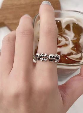复古跨境泰银骷髅头戒指男女个性时尚嘻哈做旧朋克开口可调节