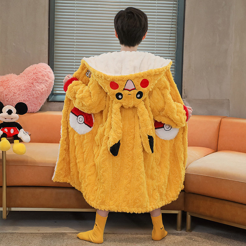 日本品质冬季男童睡袍加厚加绒珊瑚绒长款睡衣男孩儿童卡通法兰绒