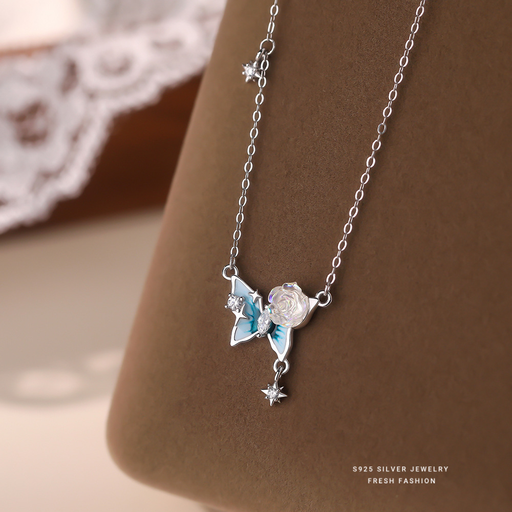 日本品质S925纯银渐变幻彩玫瑰蝴蝶项链女韩系小众清新高级感森系