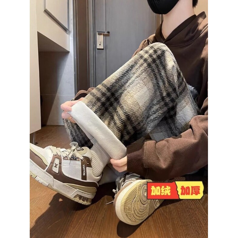 日本品质毛呢格子裤男女秋冬加绒2025新款直筒休闲高腰宽松加厚慵