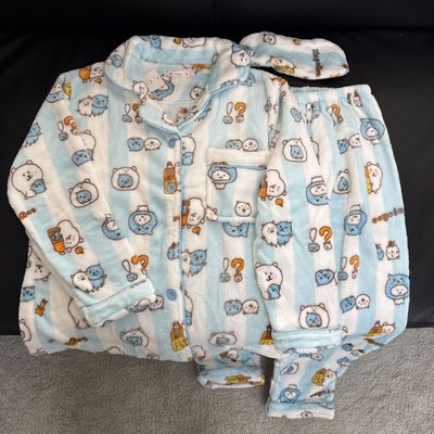 日本品质法兰绒酷儿自嘲熊睡衣秋冬加绒加厚长袖长裤自嘲熊蓝条纹