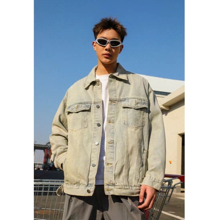 欧洲站美式复古牛仔外套男女同款秋季翻领夹克情侣款牛仔衣潮牌