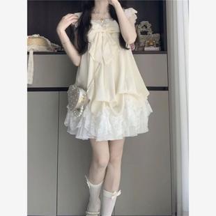 小个子花苞裙设计感蕾丝花边拼接蝴蝶结小飞袖 迪葵纳女夏季 连衣裙