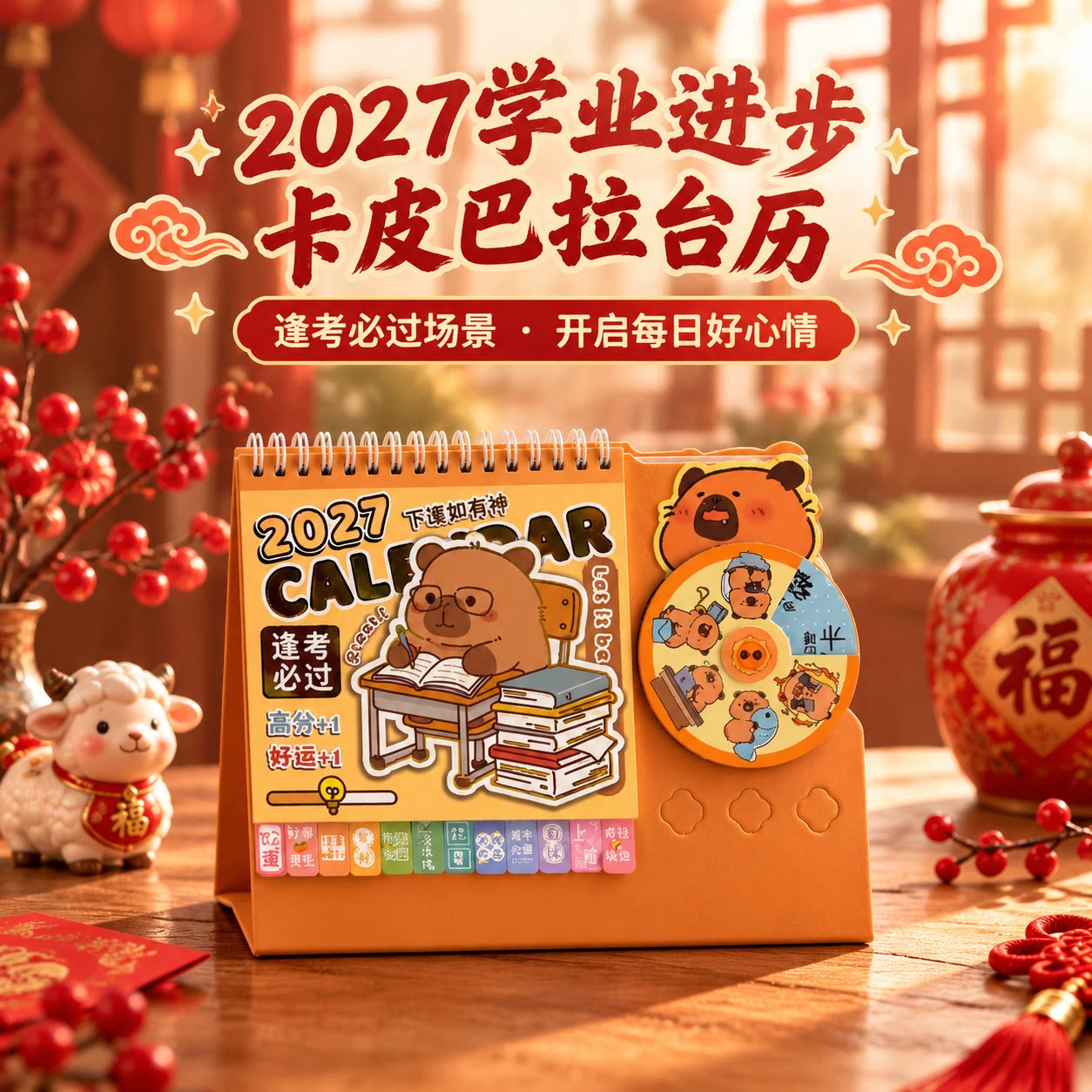 2027年转盘日历卡皮巴拉羊年可爱简约风创意商务办公台历桌面小摆件计划本每日工作打卡公司广告年历定制logo