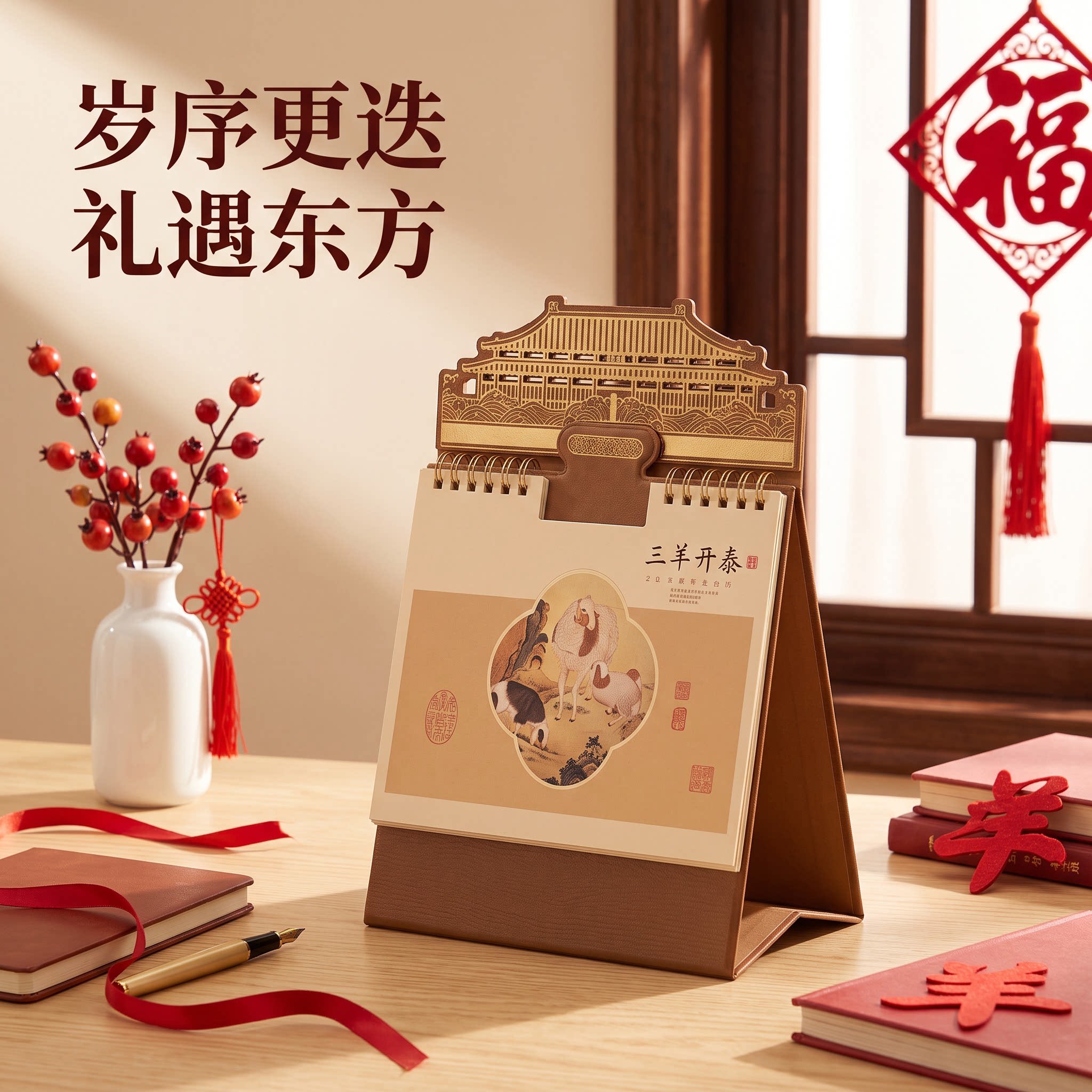 2027年台历创意木刻金饰立体日历实木工艺摆件摆台办公桌书房客厅装饰新年礼物公司企业商务定制原创简约复古