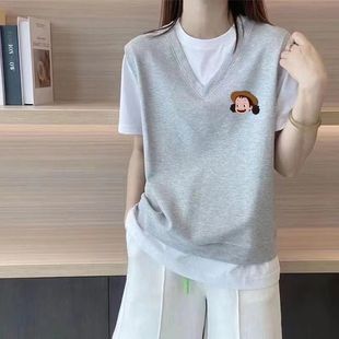 纯棉 假两件设计感小众短袖 t恤女宽松拼色上衣欧洲站2025新款 女装