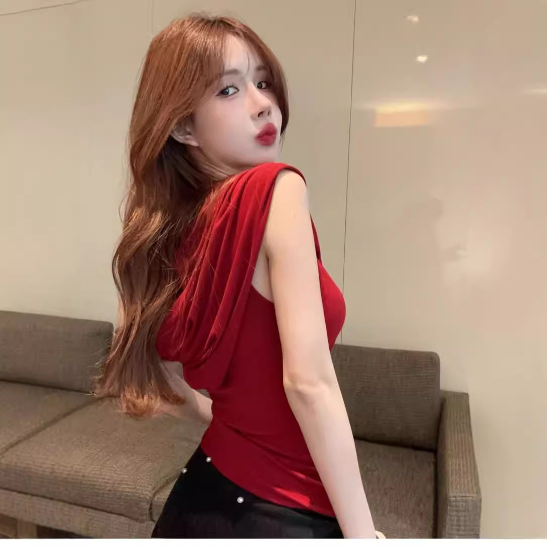 美式荡领红色连帽背心女夏季泰式小众甜辣妹抹胸无袖上衣独特绝美