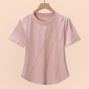纯棉新款 胖妹妹百搭显瘦正肩夏季 下摆圆领鱼骨不规则女士t恤短袖