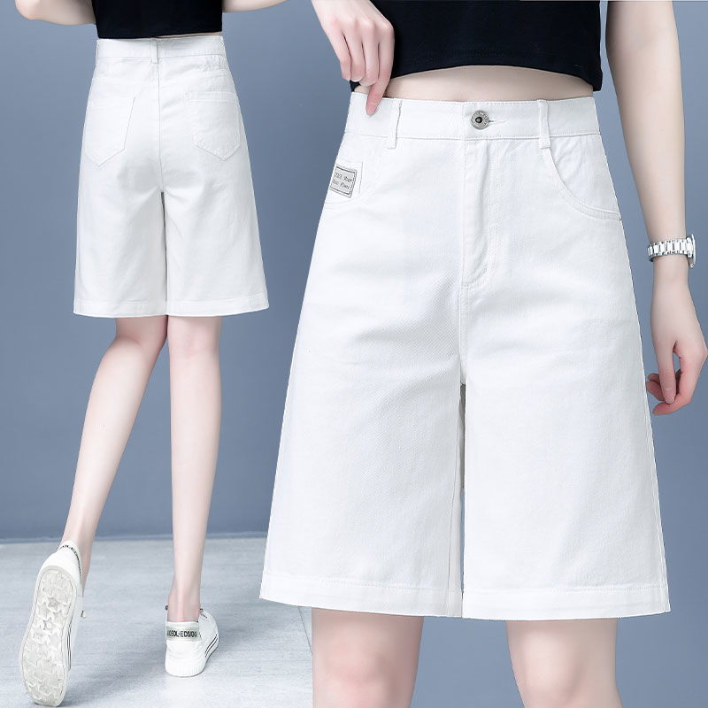 白色牛仔五分短裤女2025夏季新款高腰宽松薄款大码直筒阔腿裤子女