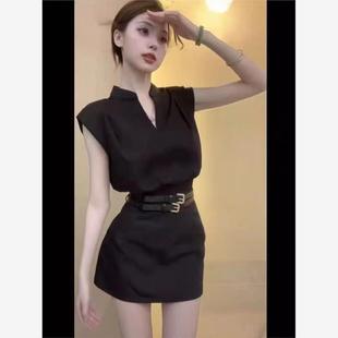 显瘦v领t恤女外穿纯色无袖 短裙套装 2024薄款 女时尚 上衣ins潮 夏季